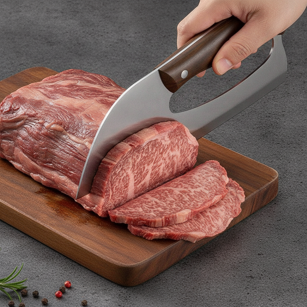 Slicing knife slicing meat on a cutting board