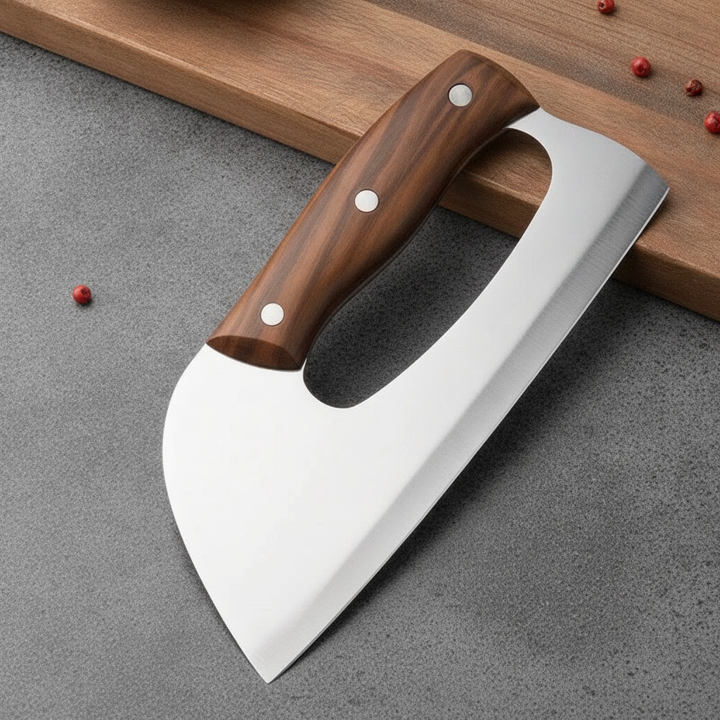 Three-quarter angle product shot of the stainless steel slicing knife