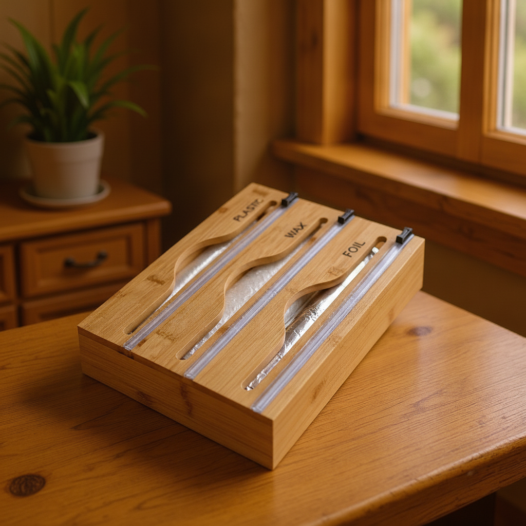 Natural bamboo wrap dispenser and organizer box on a kitchen counter, clean product shot