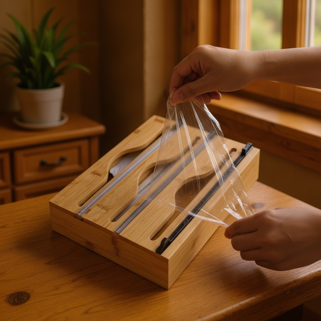 Hand pulling and cutting plastic wrap from the bamboo dispenser slide cutter