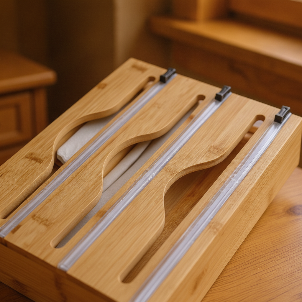 Close-up detail of the slide cutter and roll slots on the bamboo wrap organizer