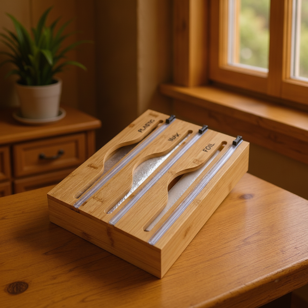 Warm lifestyle shot of the bamboo wrap dispenser on a wood counter by a window