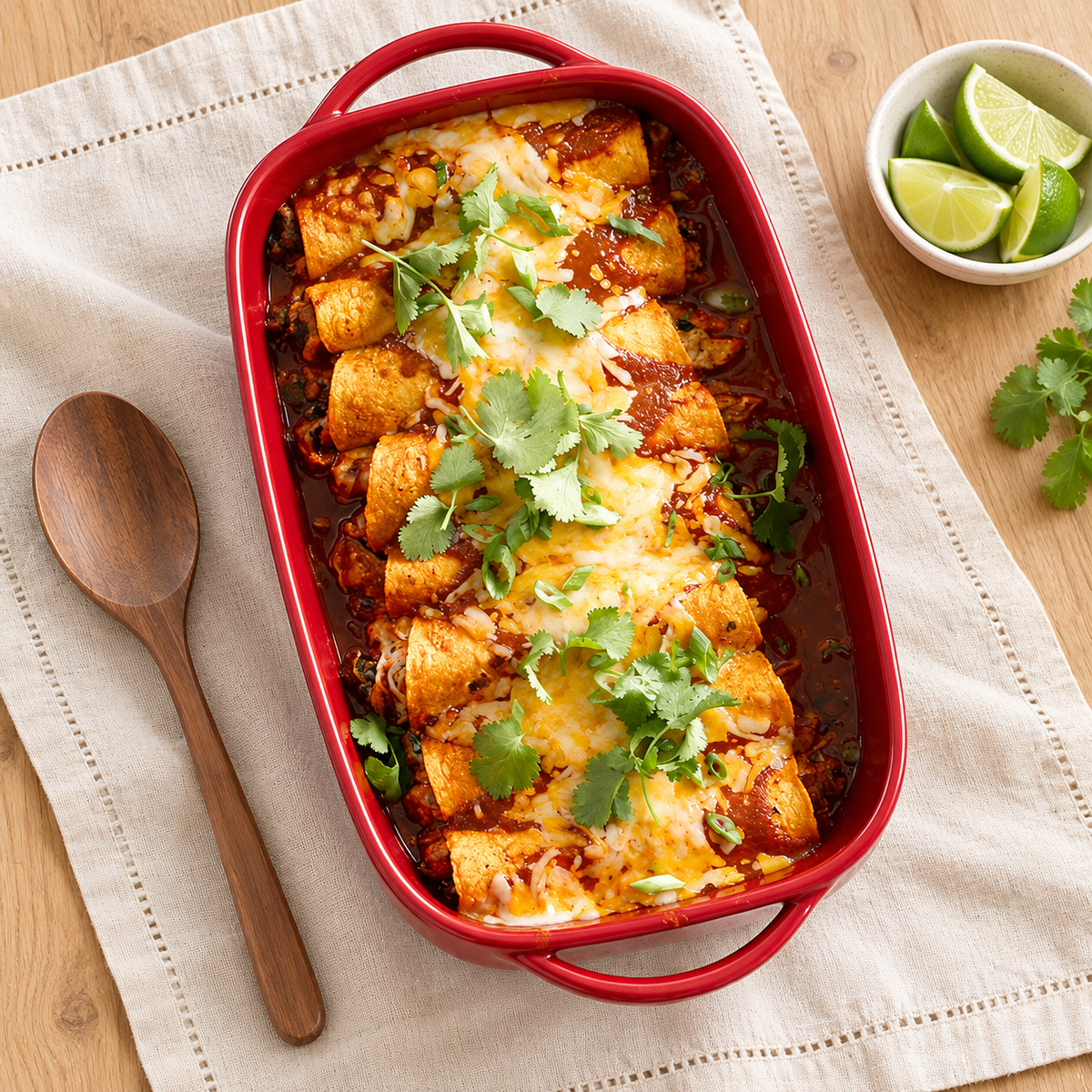 Red double-handled ceramic dish styled with enchiladas; food and accessories not included