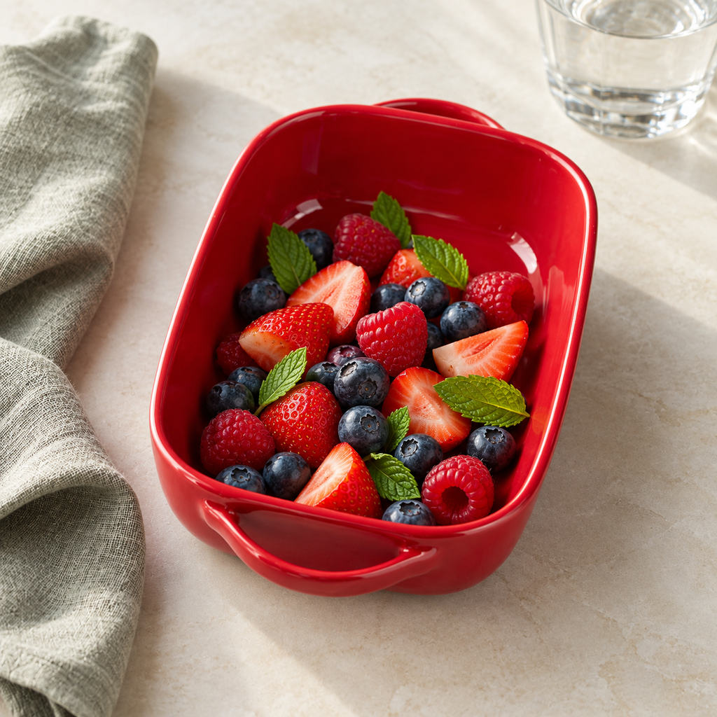 Red double-handled ceramic dish styled with fresh berries; food and accessories not included