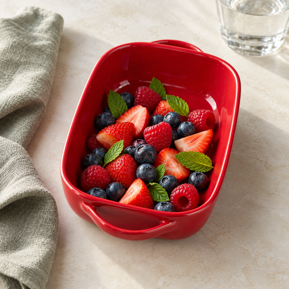 Red double-handled ceramic dish styled with fresh berries; food and accessories not included