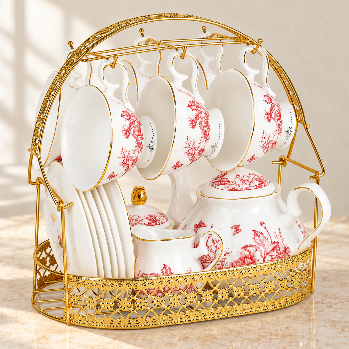 Red floral tea set with gold storage stand