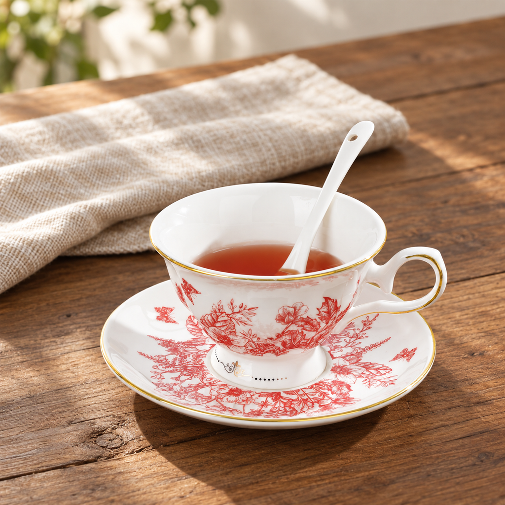 Red floral cup and saucer with tea on a wooden table