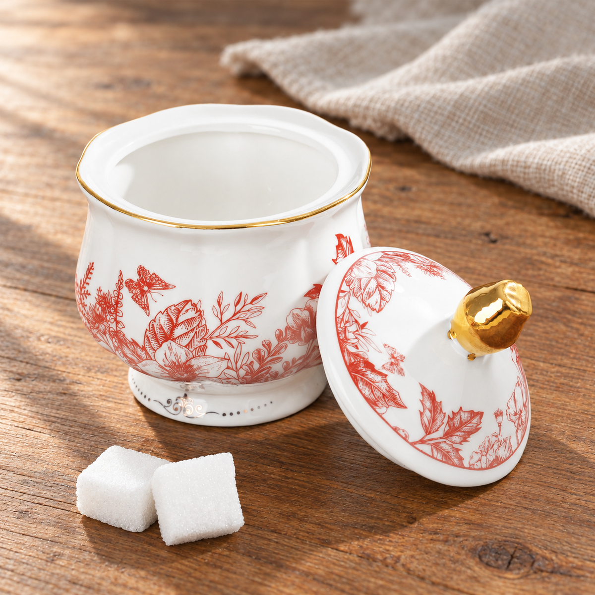 Red floral sugar bowl and lid detail