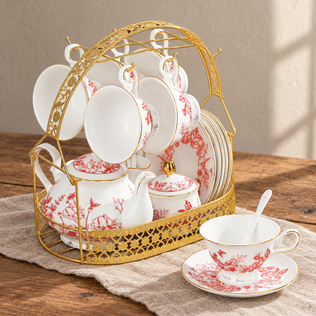 Red floral tea service on its stand with cup and saucer
