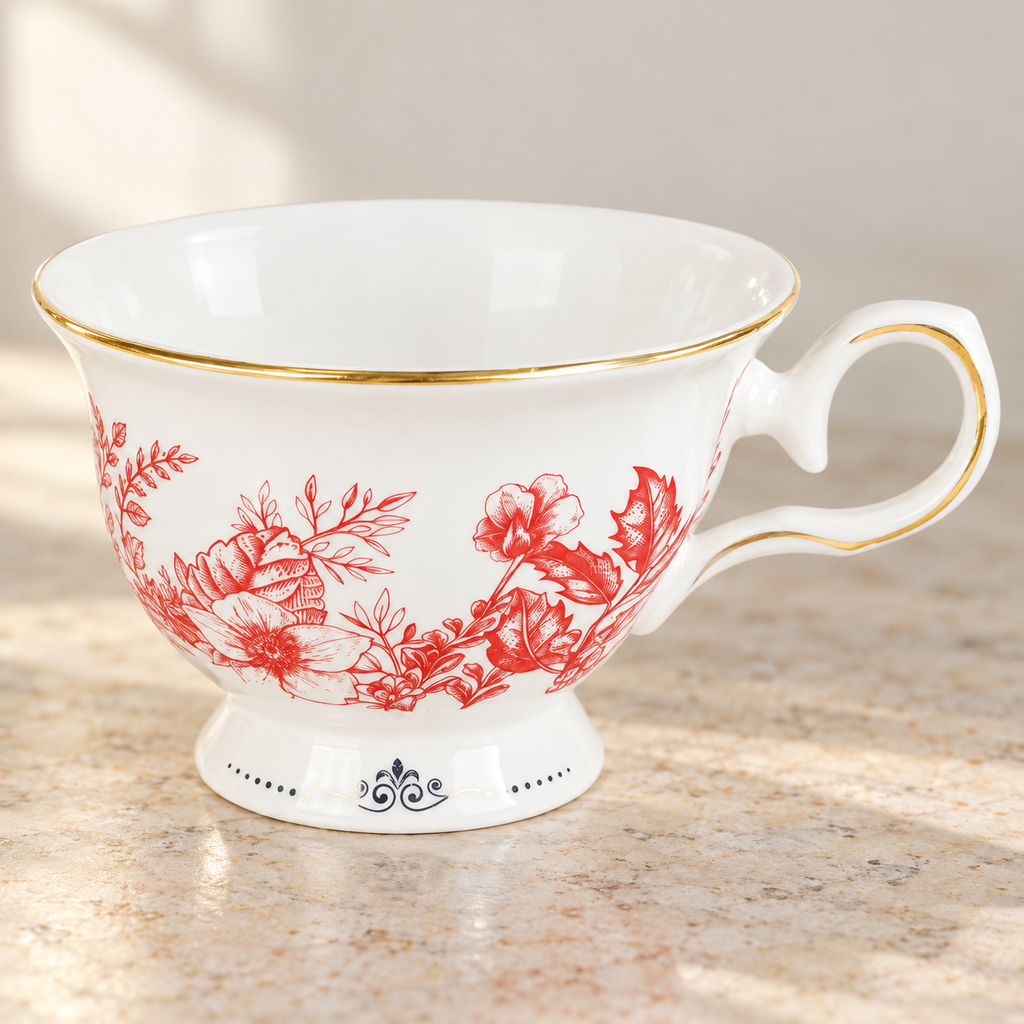 Red floral cup with gold rim and handle detail