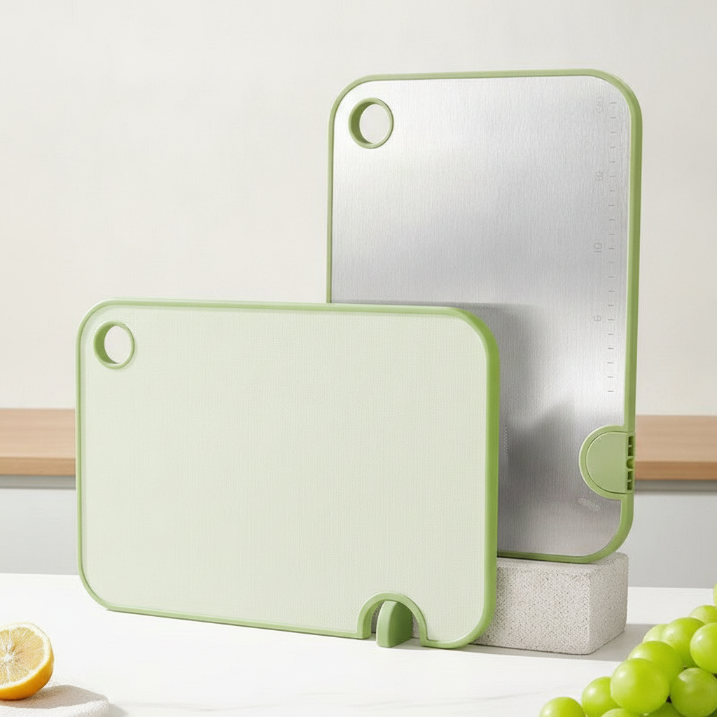 Two-tone mint-green and stainless steel cutting board with stand