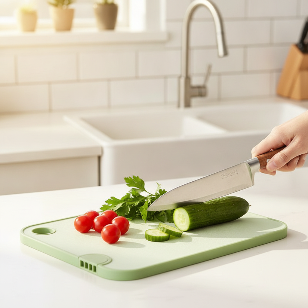 Cutting board in use prepping fresh vegetables