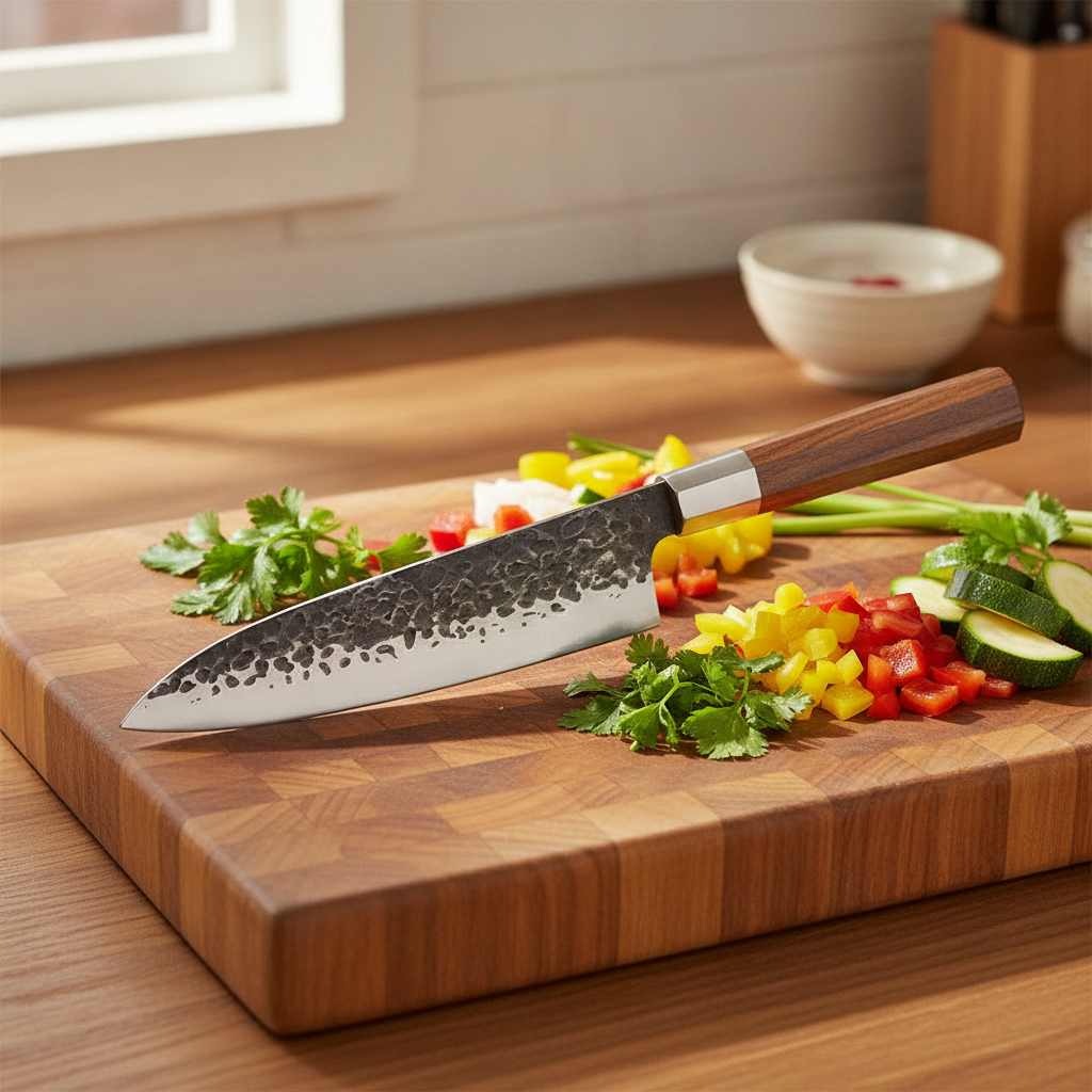 Hammered forged chef knife with octagonal walnut handle on a cutting board with fresh vegetables