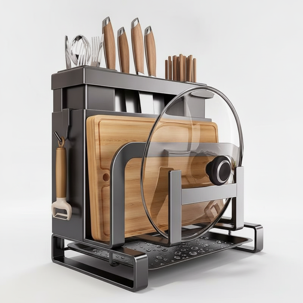 Black metal kitchen countertop organizer rack studio hero on a seamless light background, loaded with knives, cutlery, chopstick cup, cutting boards, glass pot lid, peeler and drain tray