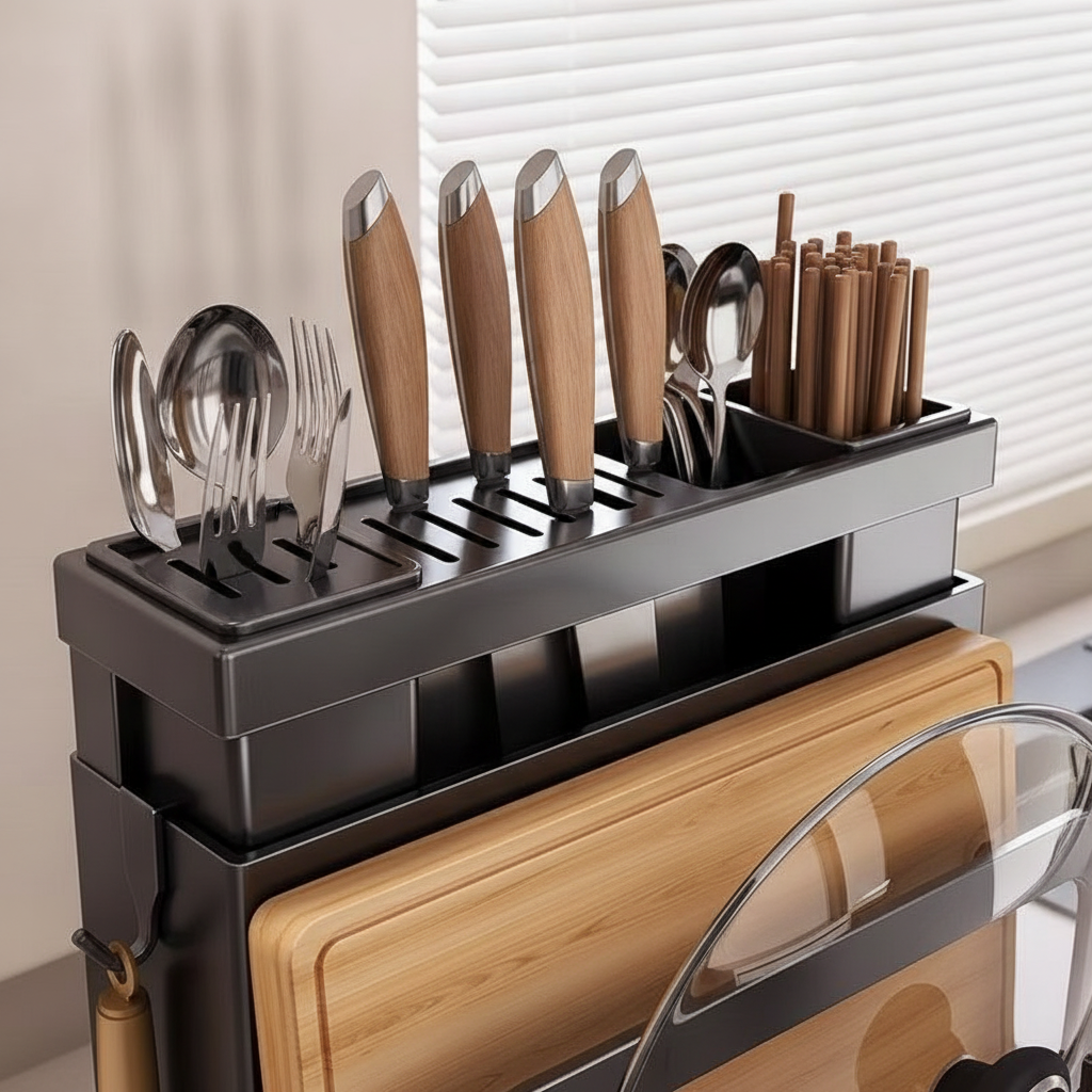 Close-up macro of the rack's top section showing knife slots, cutlery/utensil holder and chopstick cup