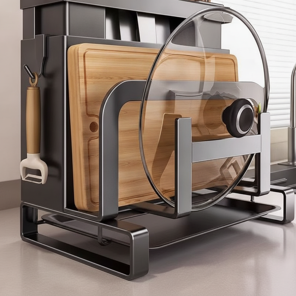 Close-up macro of the lower section with peeler on the side hook, upright cutting-board slots and removable drain tray