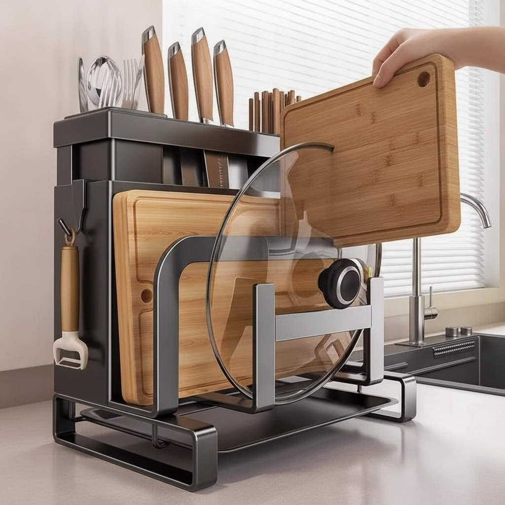 In-use shot of a hand sliding a wooden cutting board into the rack's board slot in a bright kitchen