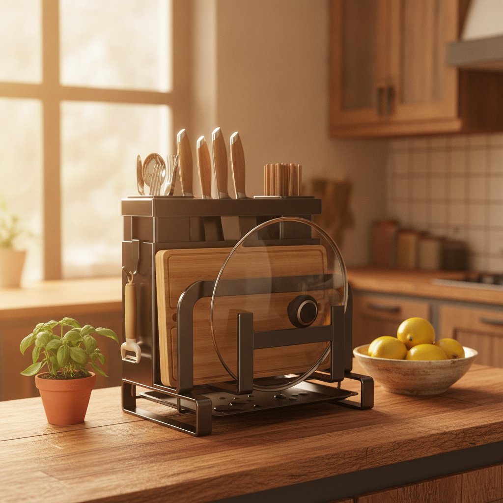 Warm lifestyle scene of the loaded rack on a wood counter with a potted herb and a bowl of lemons in cozy daylight