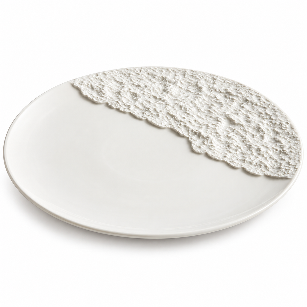 White rock-pattern porcelain plate on a pure white background