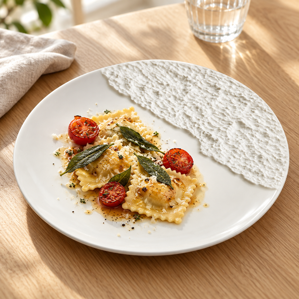 White rock-pattern porcelain plate with ravioli on an oak dining table