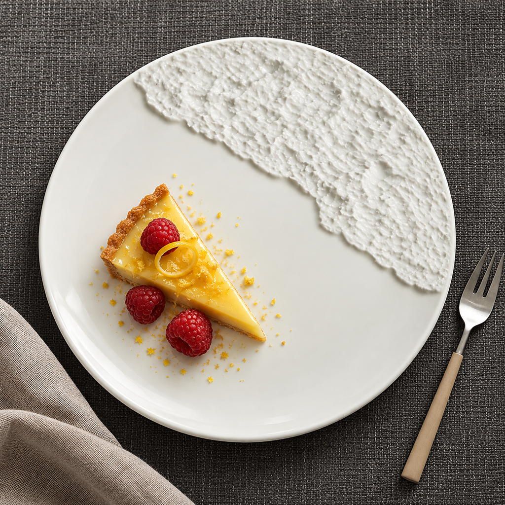 White rock-pattern porcelain plate with lemon tart, overhead view