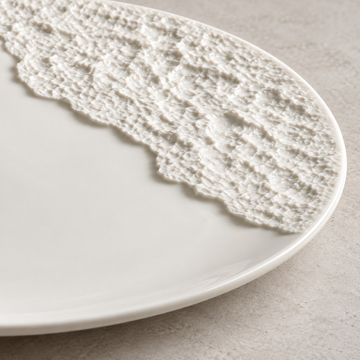 Close-up of the plate's raised rock relief and smooth glazed porcelain