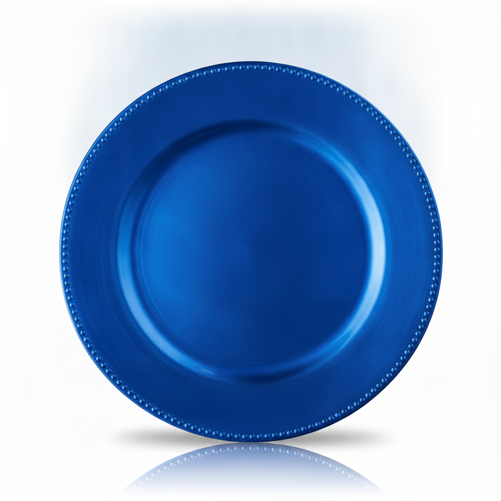 Royal blue metallic beaded-rim plastic charger plate on a clean white studio background