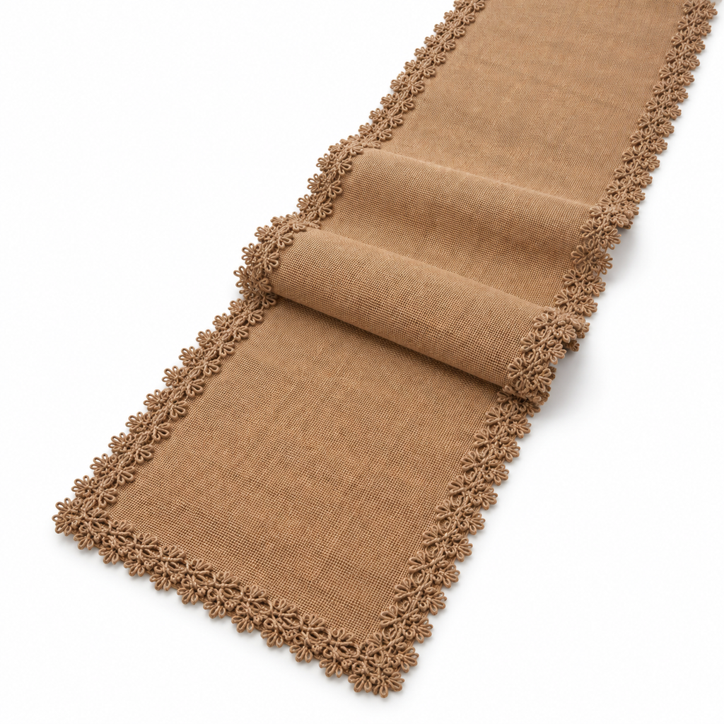 Single natural beige 30 cm wide woven lace-trim runner on white