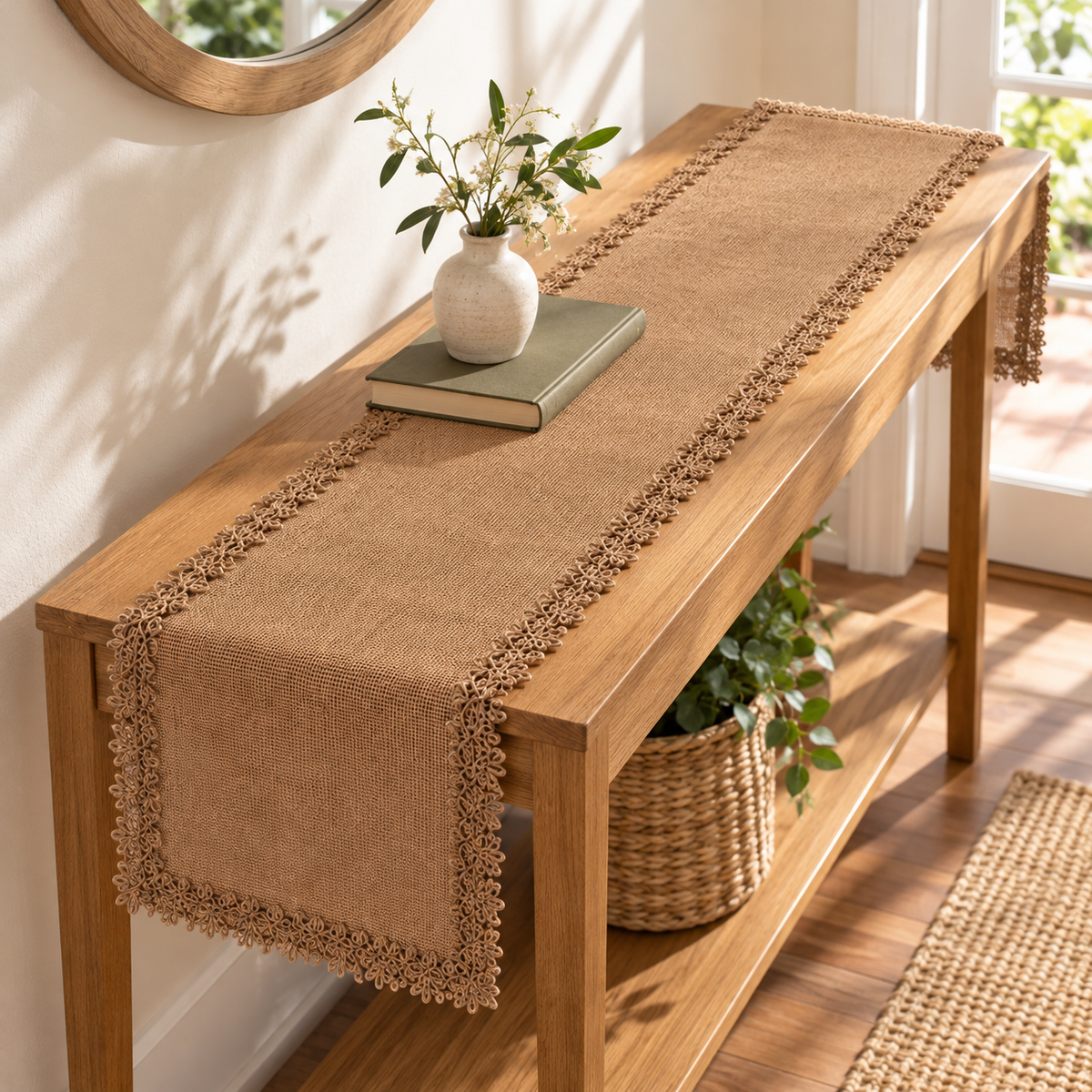 30 × 220 cm lace-trim runner on a console