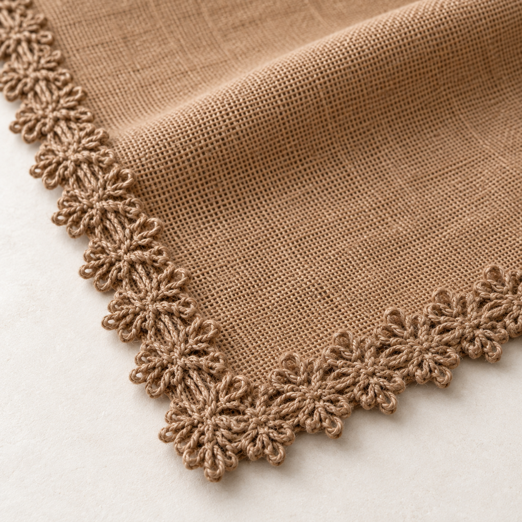 Coarse natural weave and looped lace corner detail