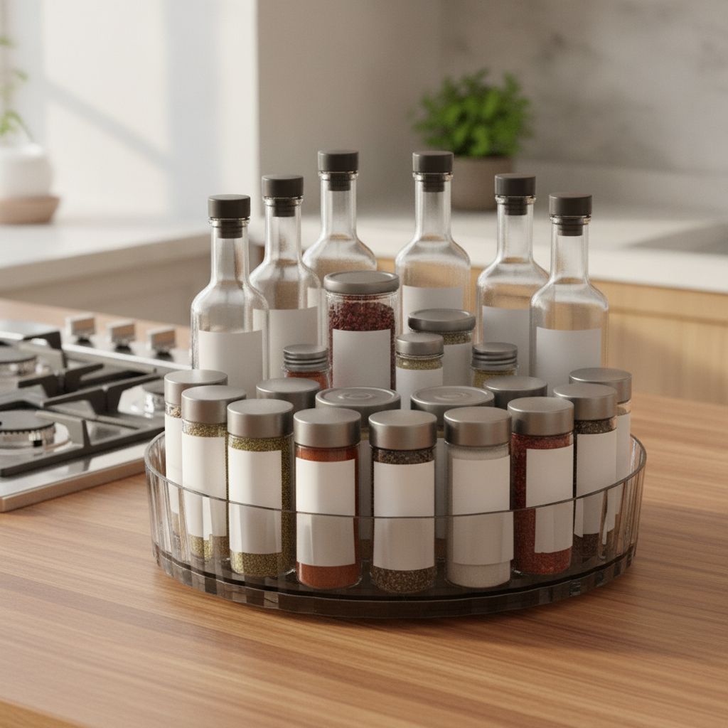 Rotating seasoning organizer with jars on a kitchen counter