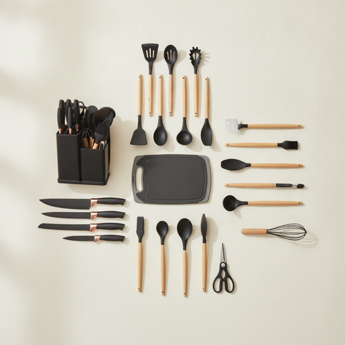 Maison's Kitchen 19-piece silicone kitchenware set, black, full set flat-lay