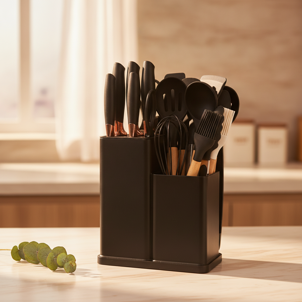 Black silicone kitchenware caddy with knives and utensils on a kitchen counter
