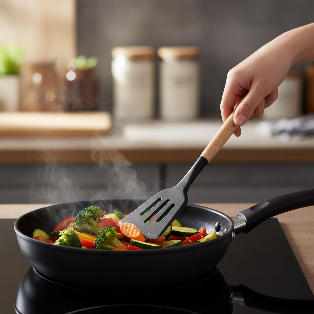 Beech-handle silicone spatula flipping vegetables in a non-stick pan