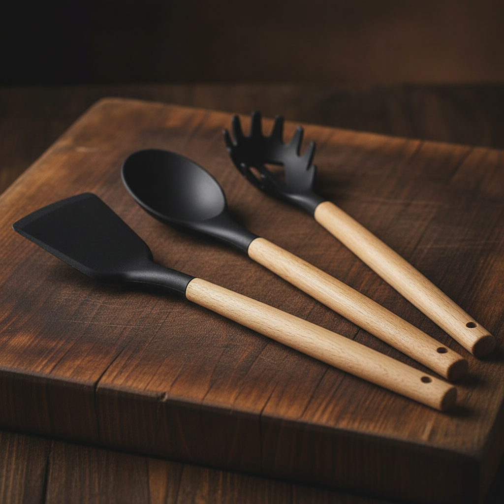 Close-up of silicone heads and natural beech wood handles