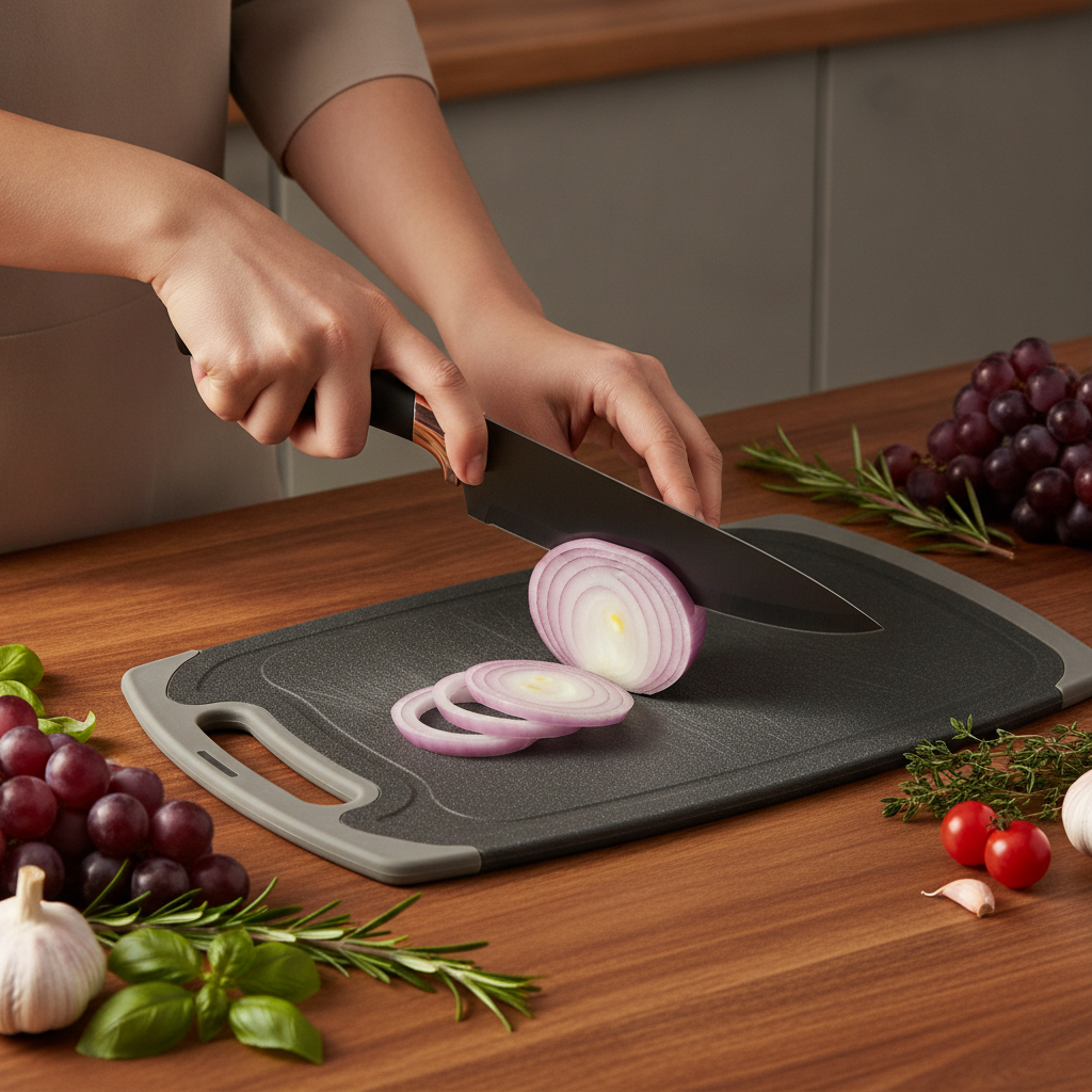 Chef's knife from the set slicing a red onion on the cutting board