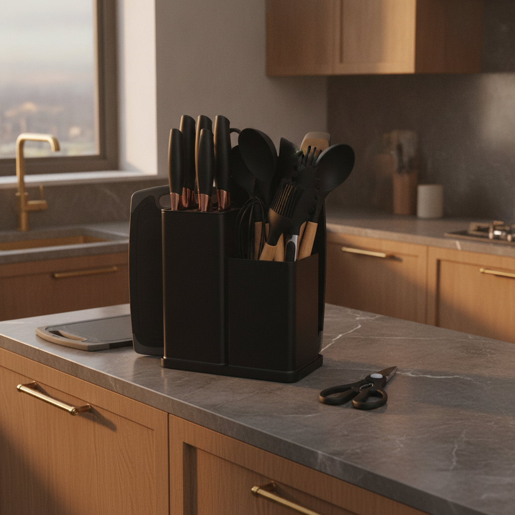 Silicone kitchenware set displayed in caddy in an upscale kitchen
