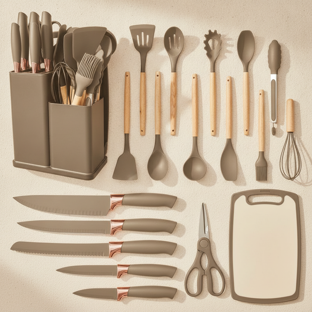 19-piece silicone kitchenware set in cohesive warm gray