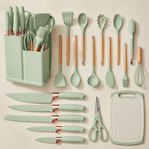 19-piece silicone kitchenware set in cohesive light sage green