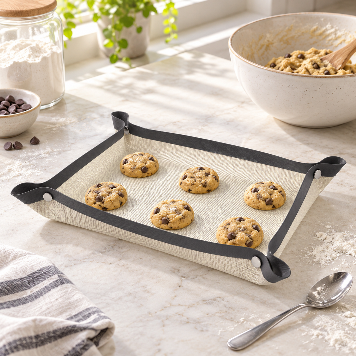 Silicone baking mat with cookies in a bright kitchen