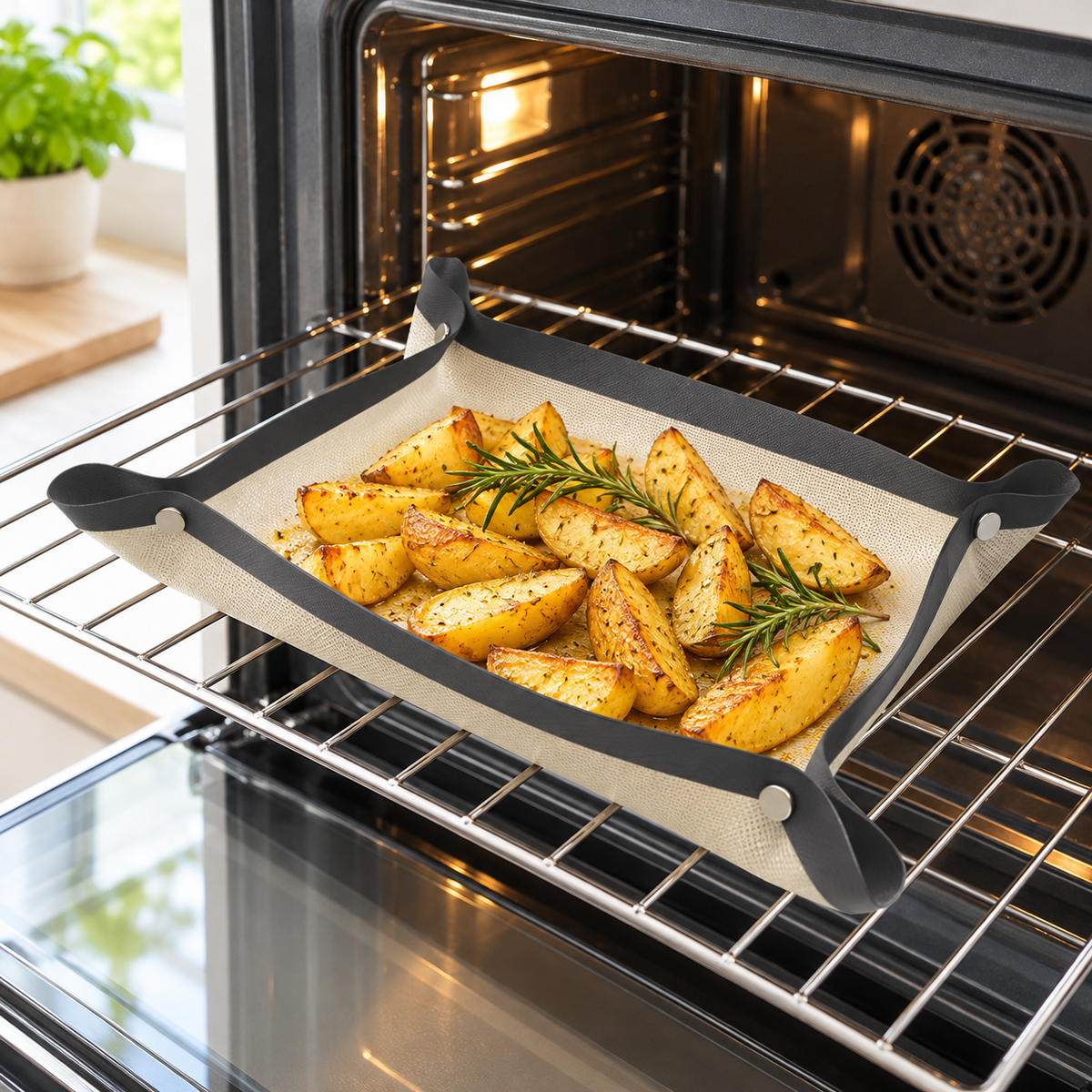 Silicone baking mat with roast potatoes on an oven rack