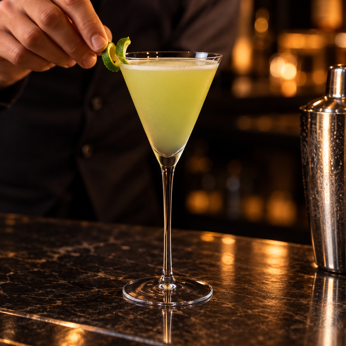 Tall tapered cocktail glass being garnished at a bar