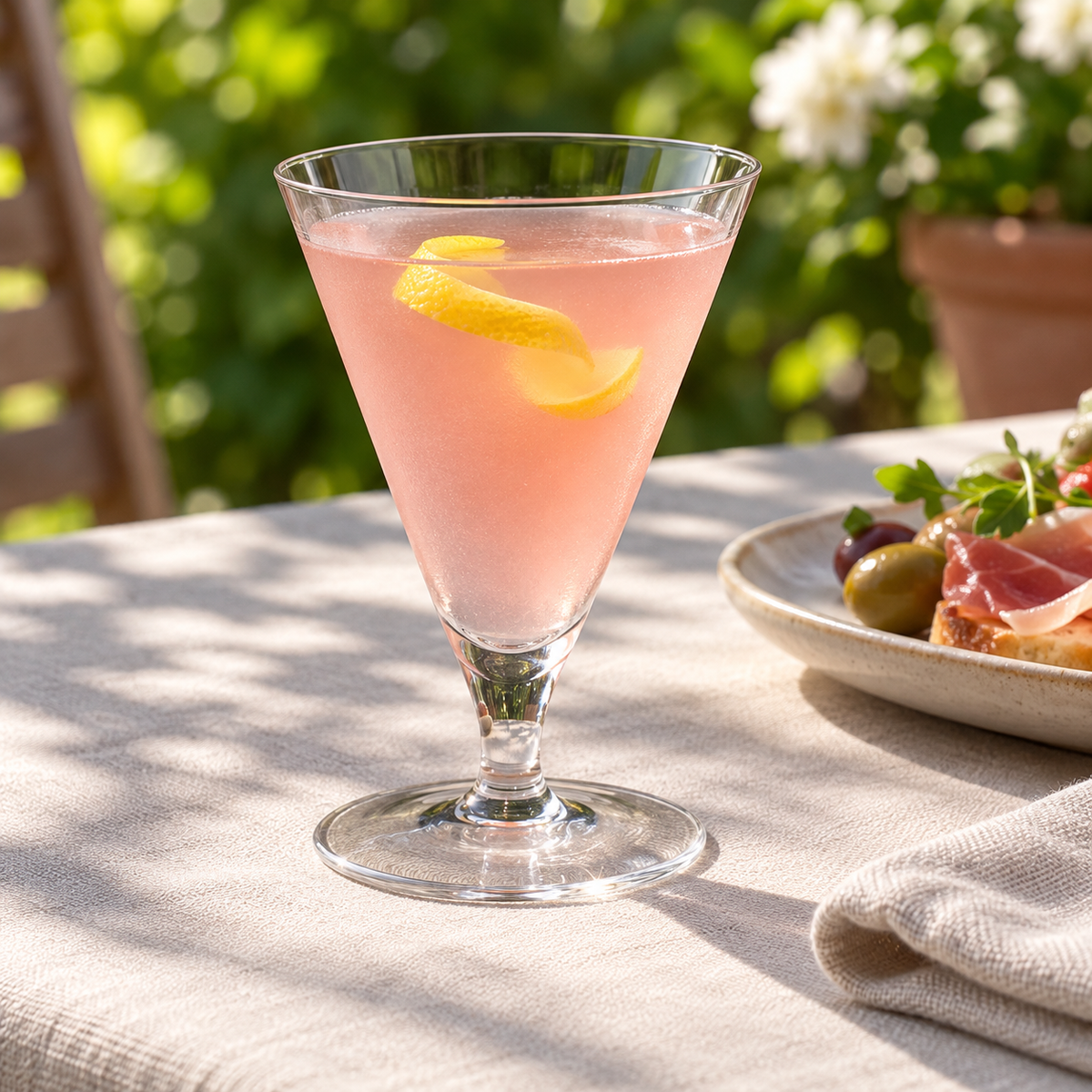 Short tapered cocktail glass in a sunny garden setting