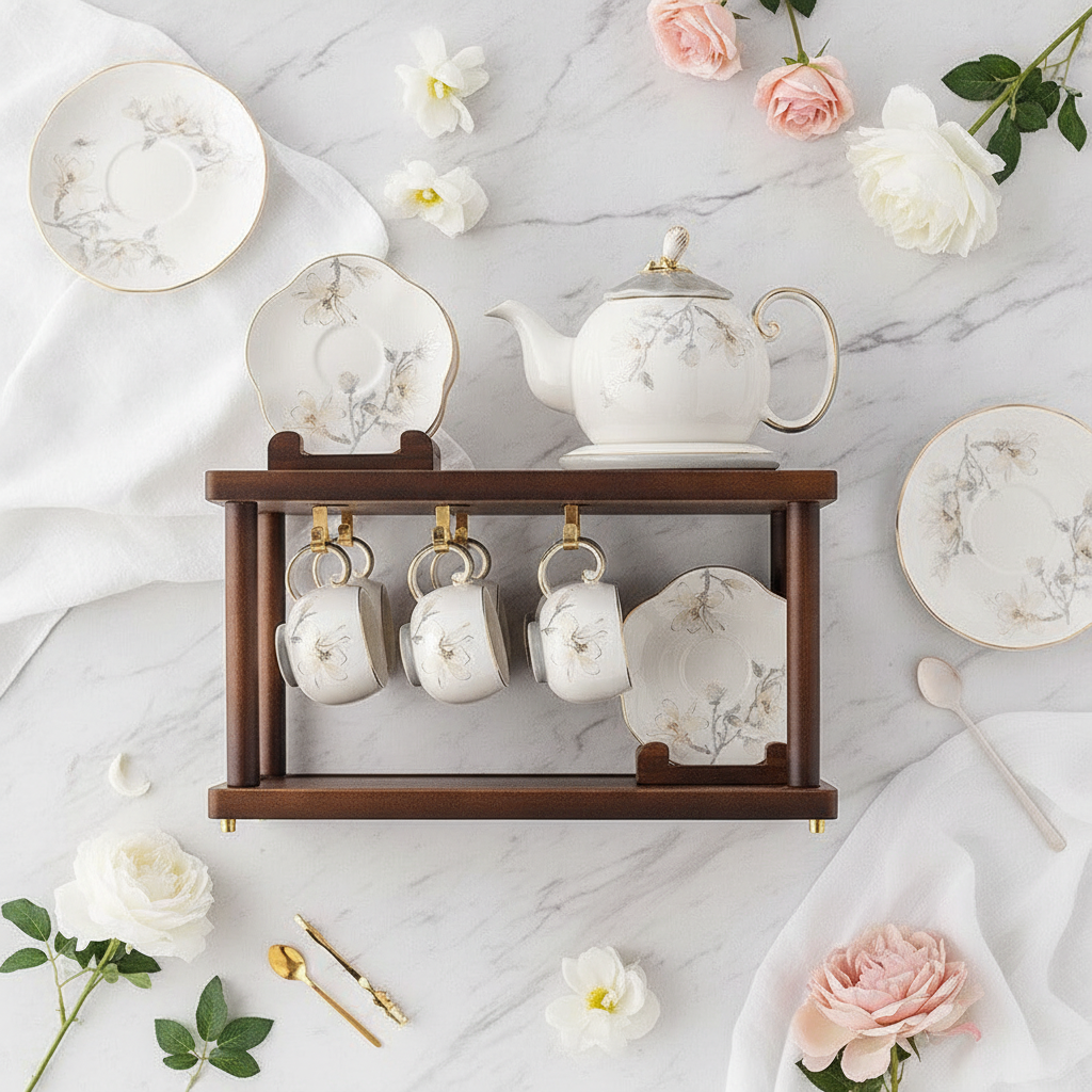 Porcelain tea set collection on wooden display stand