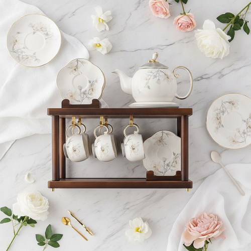 Porcelain tea set collection on wooden display stand