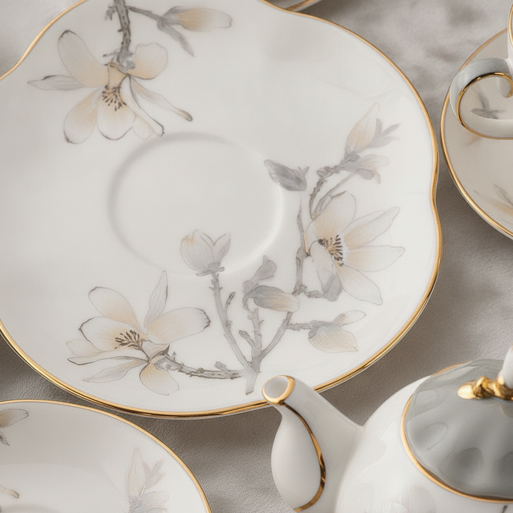 Macro detail of gold-rimmed floral porcelain saucer