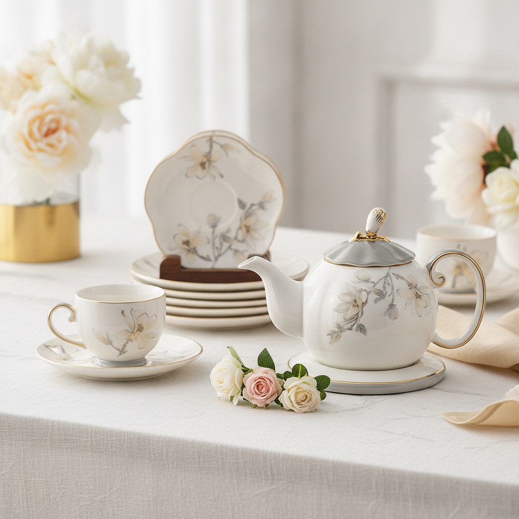 Minimal beauty shot of porcelain teapot cup and saucers