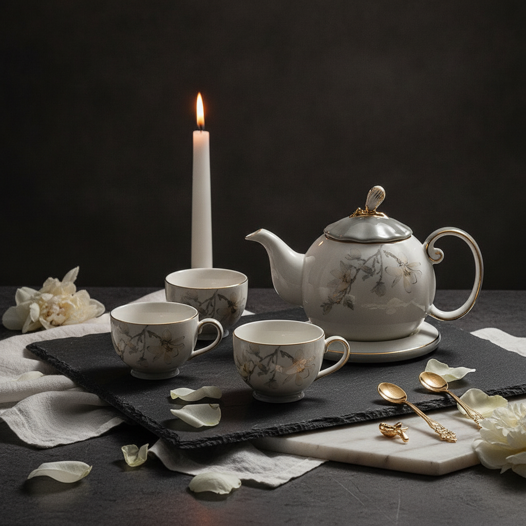 Moody candlelit porcelain tea set on slate
