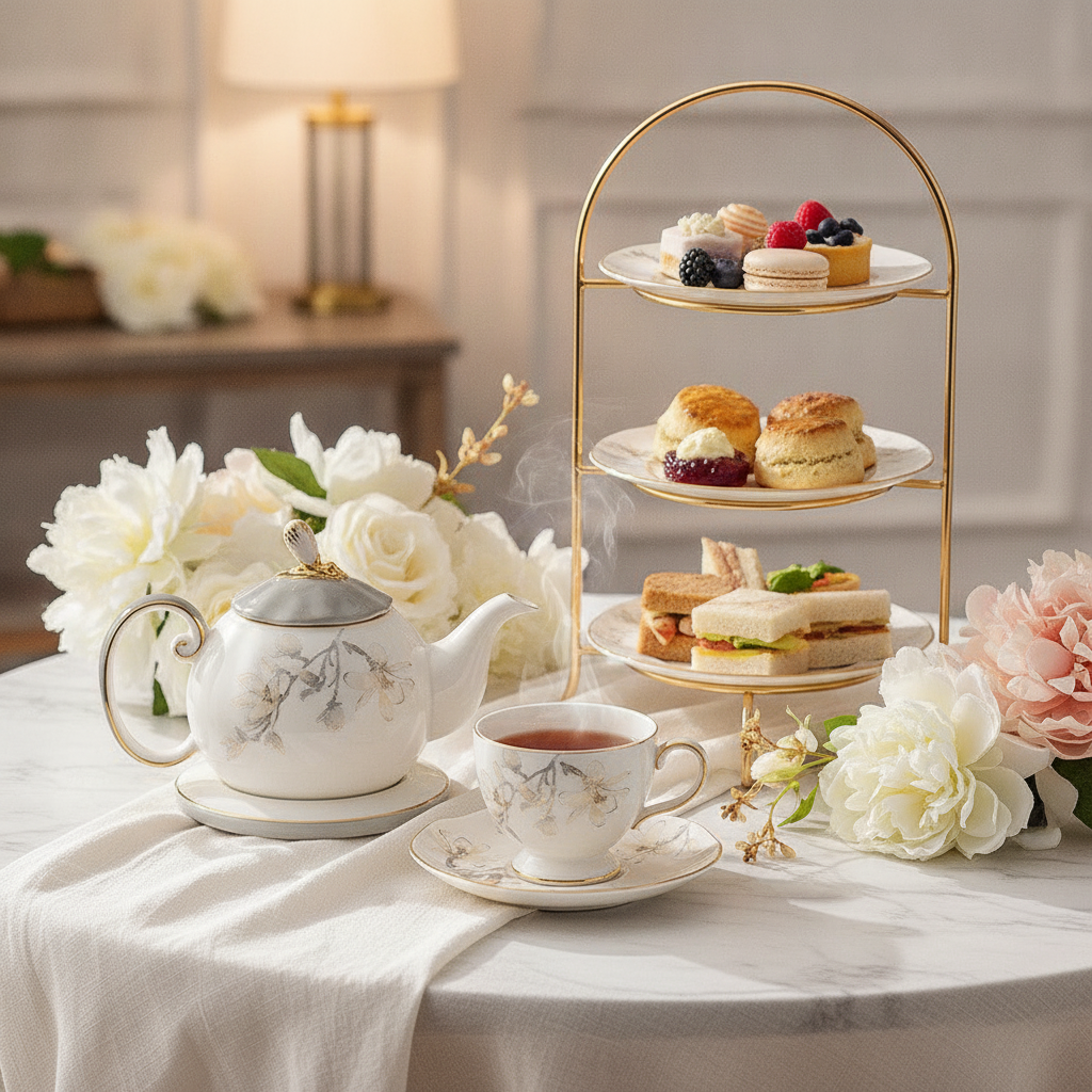 Afternoon tea served with pastries and porcelain tea set