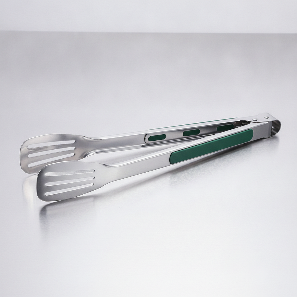 Stainless steel kitchen tongs with green silicone grip, studio product photo